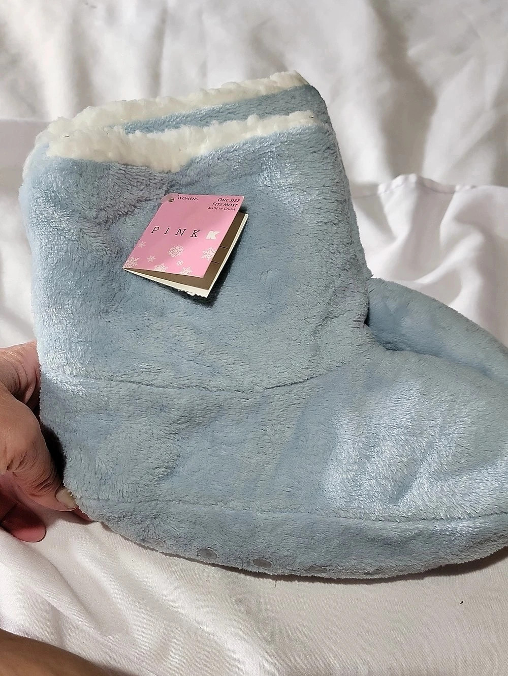 Vintage K-Mart Pink K Plush Faux Fur Slippers in Blue & White NWT Y2K